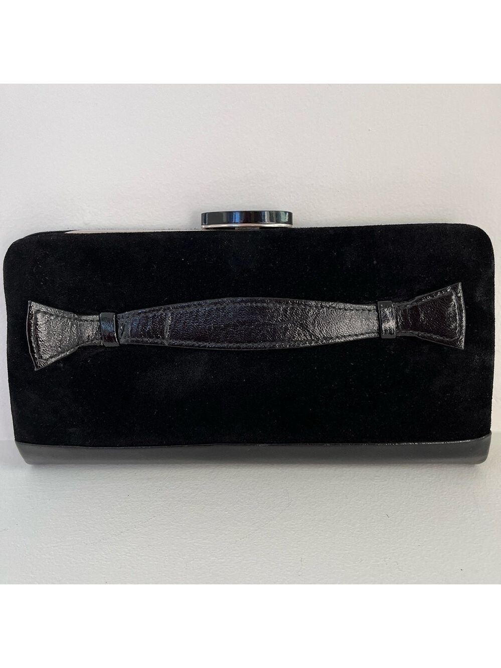 VINTAGE Black Suede Leather Clutch Bag Frame Style Top Clasp Occasion Event Chic